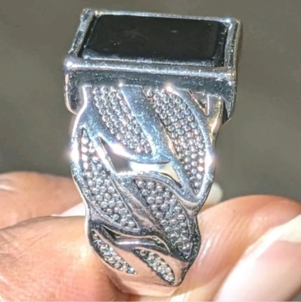 14k White gold Plated Over Sterling silver Turkish Gemstone Black Onyx Mens Ring